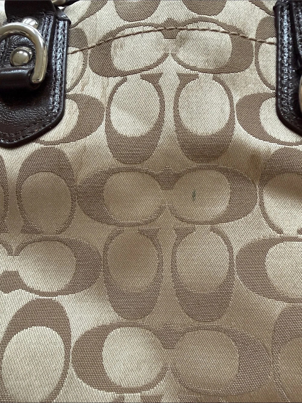 Coach Beige Signature Tote with Dark Brown Leather Trim